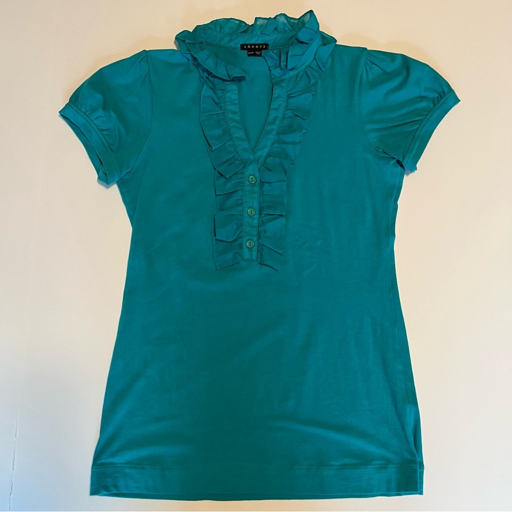 Theory cotton v-neck t-shirt with ruffle collar and trim size medium